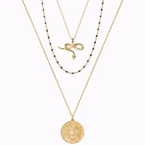 Medusa layering set. Coin and snake necklace charm